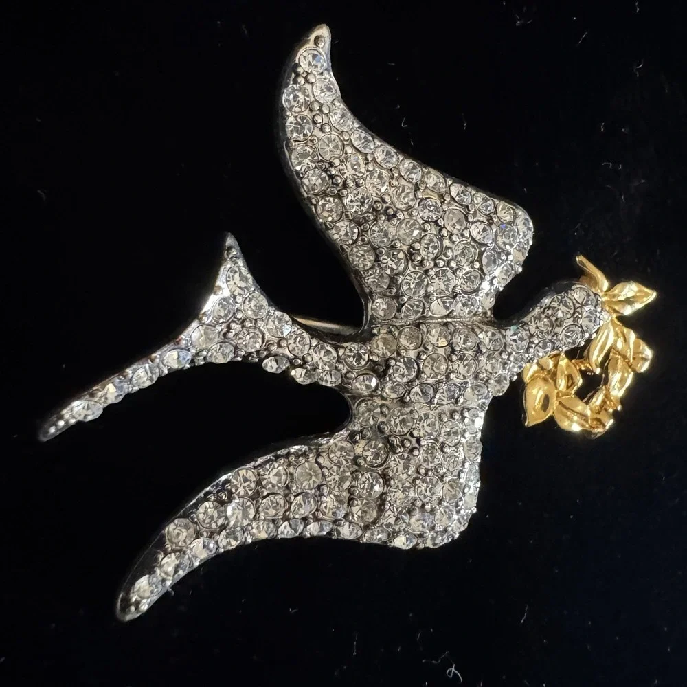 Vintage Monet Peace Dove Brooch Pin Rhinestone Silver Gold Tone Bird 2.5